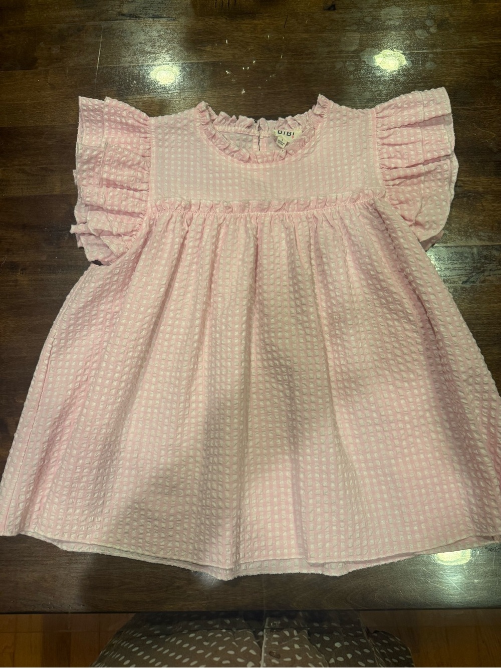 BiBi Light Pink and White Check Ruffled Seersucker Top - Size Large